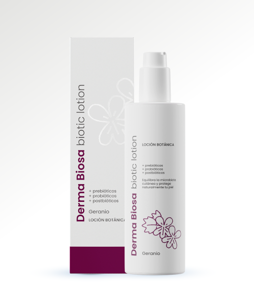 Derma Biosa Loción Probiótica Geranio, envase dosificador y caja