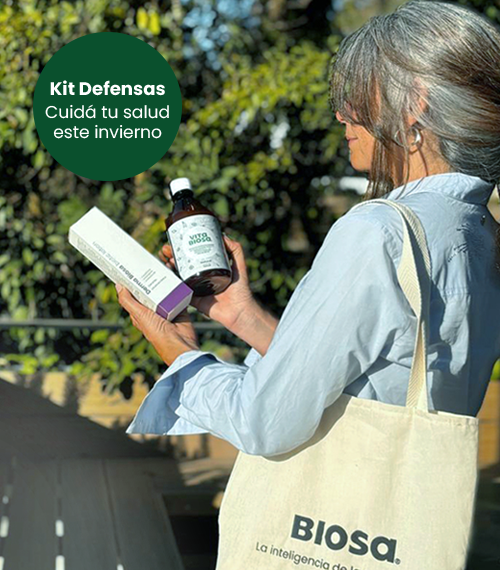 Kit Defensas: Vita Biosa (bebida probiótica) + Derma Biosa (loción probiótica) + Bolsa de tela 100% algodón